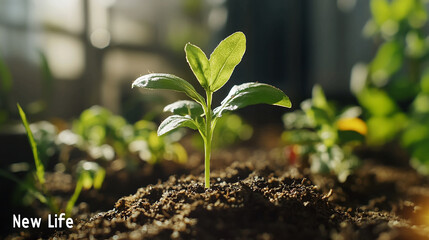 Close up of a small plant growing in soil with other plants blurred in the background on a sunny day