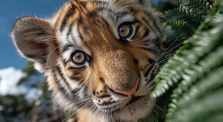 Fototapeta premium Close-Up of a Curious Tiger Cub Peeking Through Greenery, Symbolizing Wildlife Conservation and the Importance of Nature Education : Generative AI