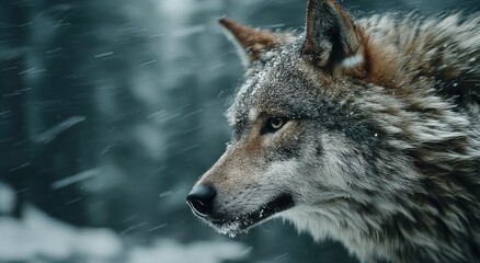Fototapeta premium Wolf Profile in Falling Snow, Capturing Wildlife Conservation and the Beauty of Winter Wilderness : Generative AI