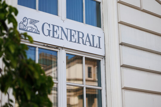 Warsaw, Poland - June 5, 2025. Generali company sign displayed on a building with classical architecture, indicating the location of the insurance company&rsquo;s office in Warsaw.