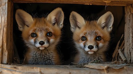 Twin red fox cubs peeking out of their den