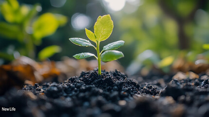A small plant seedling growing from dark soil with a blurred green background in soft focus light