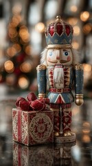 Nutcracker figurine stands beside a beautifully wrapped gift with festive bokeh background during the holiday season