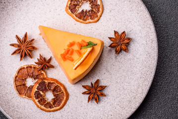 A slice of yellow cheesecake cake flavored with lemon and passion fruit