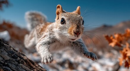 Fototapeta premium Squirrel Leaping Off Branch in Autumn Sunlight, Representing Wildlife Conservation and Nature's Resilience : Generative AI