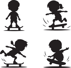 Silhouette  collection of children skateboarding in various poses
