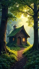 Obraz premium Secluded forest hut nestled amongst ancient trees, bathed in the soft light of dawn Perfect for escape and tranquility Ideal for fantasy, fairytale, or nature themes , uninhabited, birds