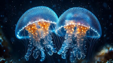 Synchronized glowing jellyfish in deep blue waters