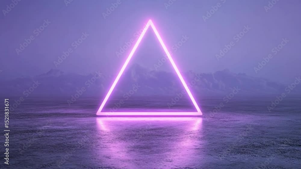 Aufkleber Neon Triangle: A luminous, vibrant neon triangle casts a soft, ethereal glow, resting on a reflective surface, set against a backdrop of a mysterious, hazy landscape.