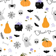 Cute spooky Halloween themed vector seamless pattern design with carved pumpkin, bats, black cat, witchy hat, skull illustration in cartoon retro groovy funky style for wrapping paper, background