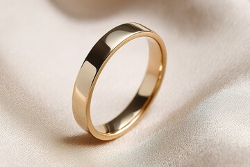 Elegant gold wedding band resting on soft fabric, showcasing its polished shine and simple design