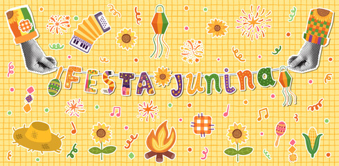 Festa Junina Vector Poster, Brazilian Festival Banner Illustration, Bunting with Text and Festive Graphics - Sunflower, Accordion, Straw Hat, Corn