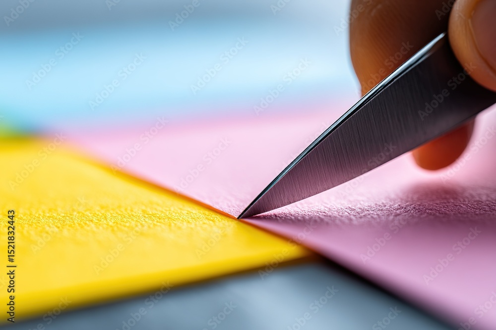 Poster cutting colorful paper sheets with a sharp blade in a creative workspace