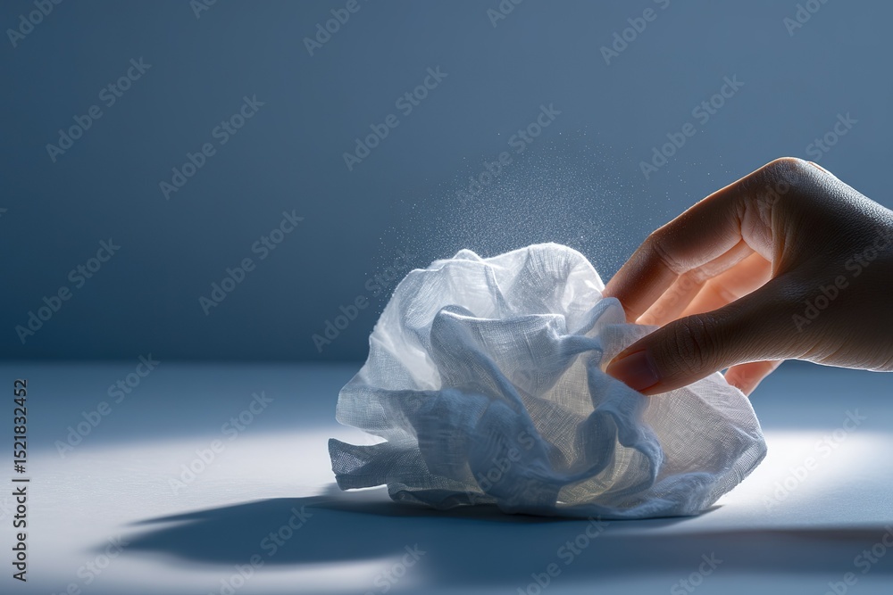 Aufkleber hand reaching for a crumpled tissue on a smooth surface with soft lighting in a calm indoor setting