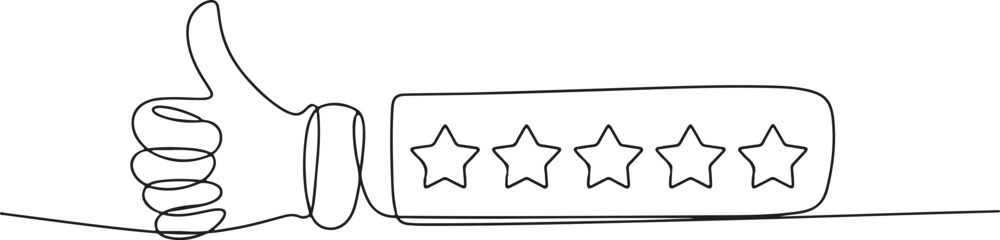 Continuous one line drawing of thumbs up with five stars, customer feedback rating, e-commerce buyer experience sketch

