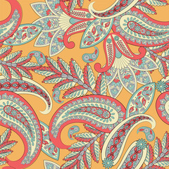 Paisley and ethnic flowers seamless vector pattern. floral vintage background