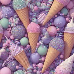 seamless background features an array of ice cream cones and sweets, showcasing pastel colors intricate textures perfect for design or creative projects.