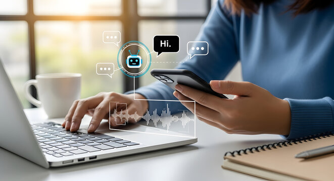 Woman Using Laptop and Smartphone with AI Chatbot Interface – Modern Communication, Messaging, and Virtual Assistant Concept, close up of female hands typing on keyboard