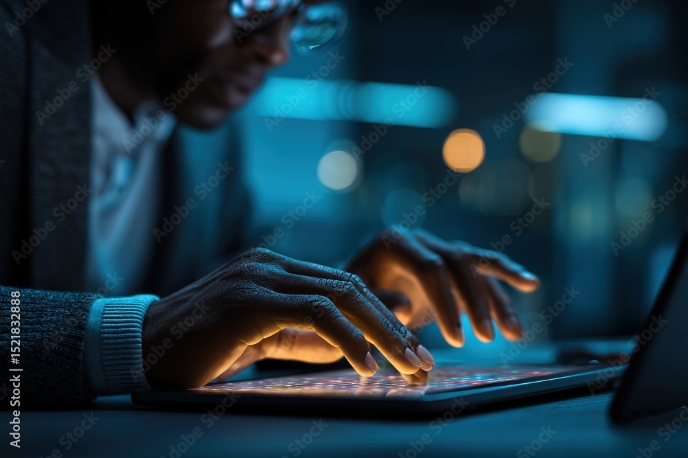Poster engaged user interacting with tablet in a modern workspace at night while illuminated by soft lights