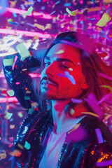 Young man in sequin jacket posing under neon lights with falling confetti. Studio portrait with LGBT nightlife theme. Design for poster, greeting card, postcard, banner. Front view. High quality photo