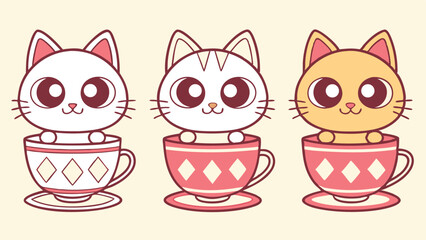 Fototapeta premium Adorable cartoon cats in teacups with delightful expressions on white background