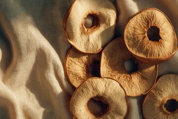 Dried apple slices arranged on a light fabric background capturing natural textures and colors