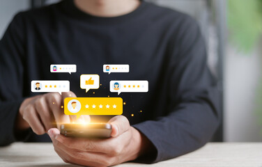 Feedback concept, Useful reviews for customers. Clients choosing satisfaction rating and leaving...