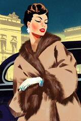 Elegant woman in fur coat and gloves standing near car on city street. Retro fashion illustration in mid-century poster style. Luxury lifestyle and vintage glamour concept. Design for poster, greeting