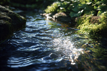 Fototapeta premium The flowing water in a small stream, with sunlight shining on it. The stream flows slowly and gently through an outdoor environment, creating beautiful ripples on its surface