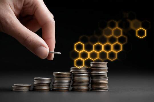 Increasing coin stacks with glowing hexagons