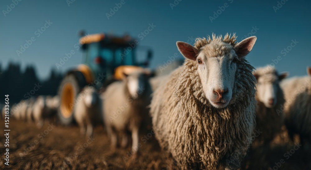 Poster flock of sheep grazing in a field with a tractor, representing sustainable agriculture and rural lif