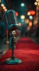 Vintage microphone stands on a red carpet in an atmospheric venue ready for a live performance
