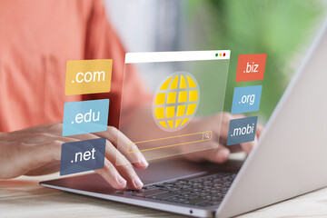 DNS domain name system and web server network system concept. Domain registration, website name,...