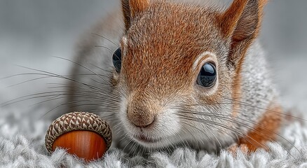 Fototapeta premium Red Squirrel Face Close-Up With Acorn, Representing Wildlife Preservation and Autumnal Abundance, Perfect for Environmental Awareness Campaigns : Generative AI