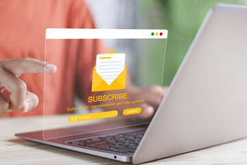 Email marketing concept, Subscription to newsletter, news, offers and promotions. Person using computer laptop.