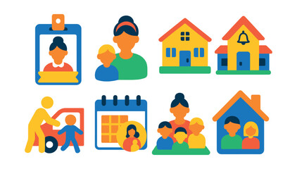 Flat vector icons of childcare providers and services: nanny badge, babysitter icon, daycare center building, early education school, child drop-off icon, caregiver calendar, group care icon, home