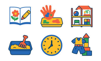 Naklejka premium Flat vector icons of creativity and play: coloring activity, finger painting, craft scissors icon, toy shelf, sensory play bin, playtime clock, dress-up costume, building block tower.