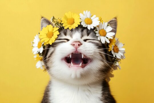 Isolated yellow background, copy space, ad campaign concept art. Cute baby cat british shorthair wearing savage flower crown on its head - symbol of sunny vacation time. Pet in flower crown.