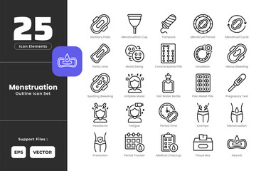 Menstruation Icon Set Collection with Outline or Line Art Style. Including Pregnancy, Test, Absorb, Contraceptive, Pills, Cramps, Fatigue, Headache, Bleeding, Hot, Water, Bottle, Irritable, Mood.