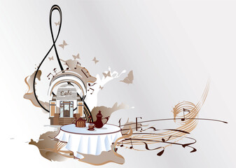 Coffee music. Abstract treble clef decorated with coffee wave, beans and a cup. Hand drawn vector illustration.