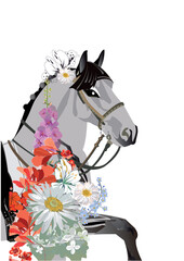 Horse decorated with summer and spring flowers. Hand drawn vector illustration.