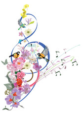 Abstract nature treble clef decorated with summer and spring flowers, notes, birds. Light and relax music. Hand drawn vector illustration.
