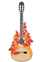 Abstract nature treble clef decorated with summer and spring flowers, notes, birds. Light and relax music. Hand drawn vector illustration.