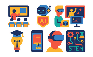 Flat vector icons of education and future learning: futuristic classroom icon, AI tutor badge, remote AR training, immersive e-learning screen, innovation academy symbol, lifelong learning app, VR
