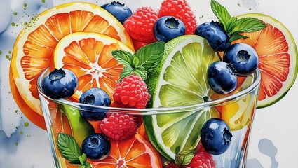 A vibrant display of fresh fruits fills a clear glass, overflowing with an enticing arrangement that captures the essence of summer. Bright orange slices rest beside zesty green lime wedges