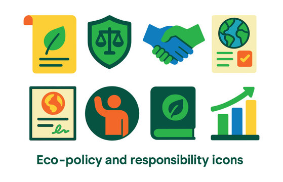 Flat vector icons of eco-policy and responsibility: environmental policy scroll, green law badge, responsibility handshake, global pledge form, climate agreement document, citizen action icon,