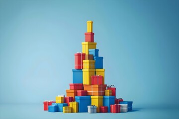 Christmas tree made from colorful gift boxes with a star on top. Holiday present concept for celebration.