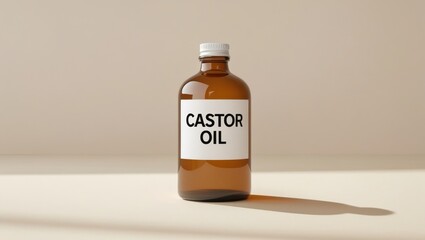 Glass bottle of castor oil with a metal cap and bold “Castor Oil” label, placed on a beige background. Clean, minimal composition ideal for health, wellness, and skincare themes.