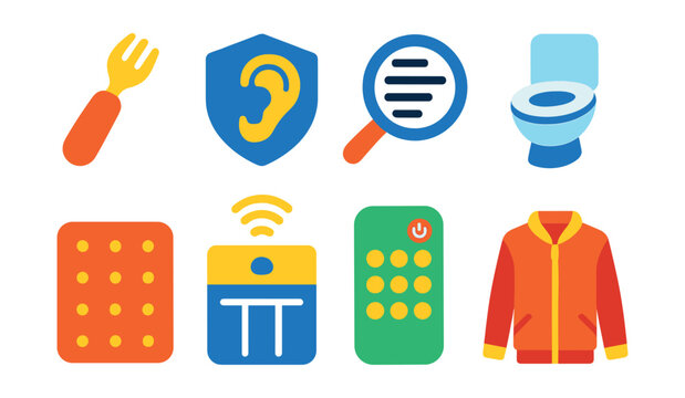 Flat vector icons of adaptive living tools: easy-grip utensil icon, hearing aid badge, magnifying glass for reading, raised toilet seat, non-slip mat icon, smart pillbox, large button remote,