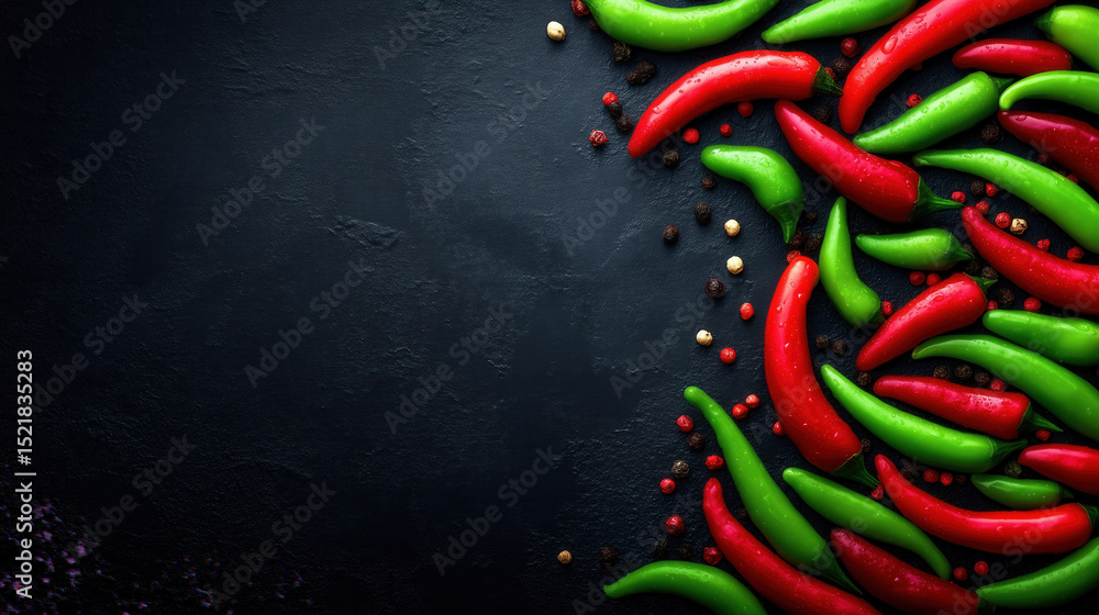Poster chili peppers arranged in vibrant colors and sizes on dark background with dramatic spotlight effect